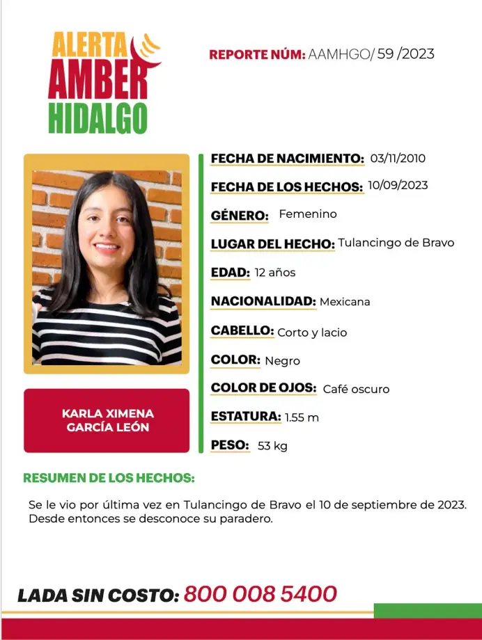 #AlertaAmber ⚠️ Se busca a Karla Ximena, de 12 años de edad; desapareció en Hidalgo