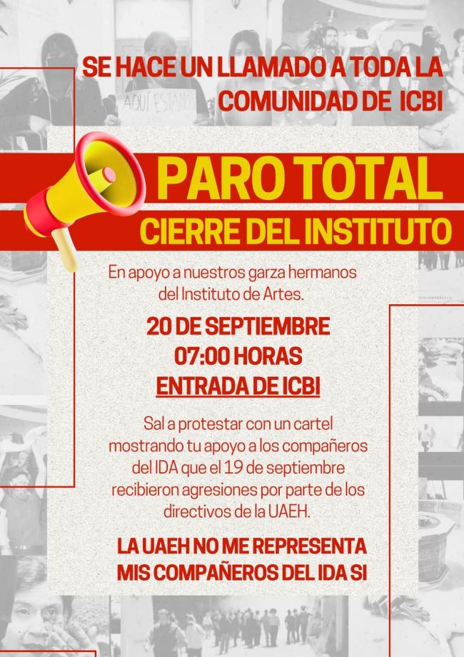 Convocan a PARO TOTAL en institutos de la UAEH en apoyo a estudiantes del IDA