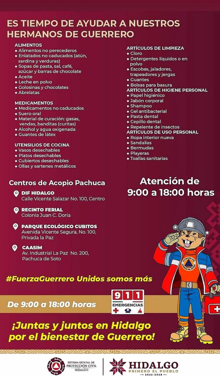 Estos son los 4 centros de acopio en Pachuca para ayudar a damnificados de Guerrero