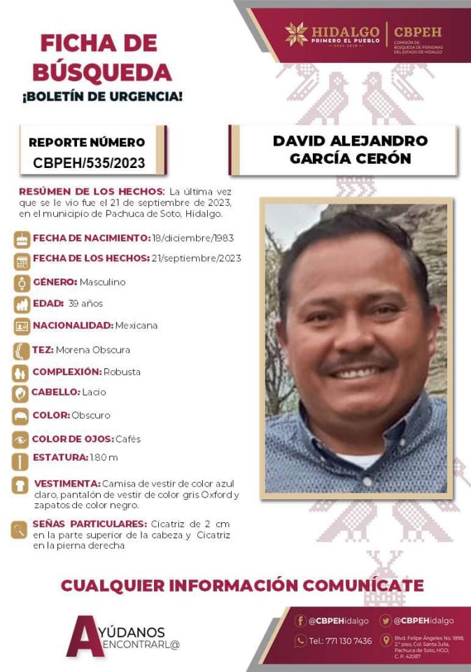 #AlertaDeBúsqueda ⚠ David Alejandro desapareció en Pachuca; piden ayuda para encontrarlo