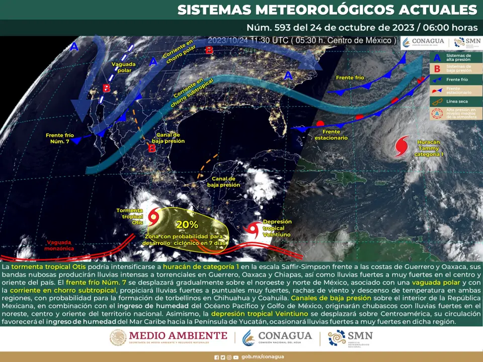 #AvisoMeteorológico 🌀 Tormenta tropical Otis afectará a Hidalgo con lluvias