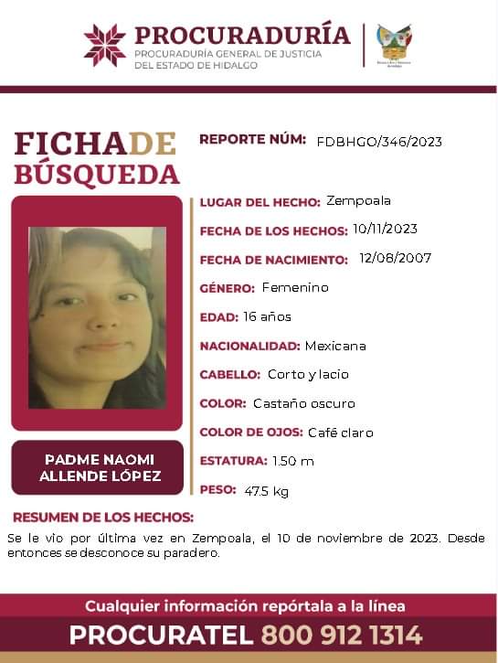 Piden ayuda para localizar a Padme Naomi, menor desaparecida en Zempoala