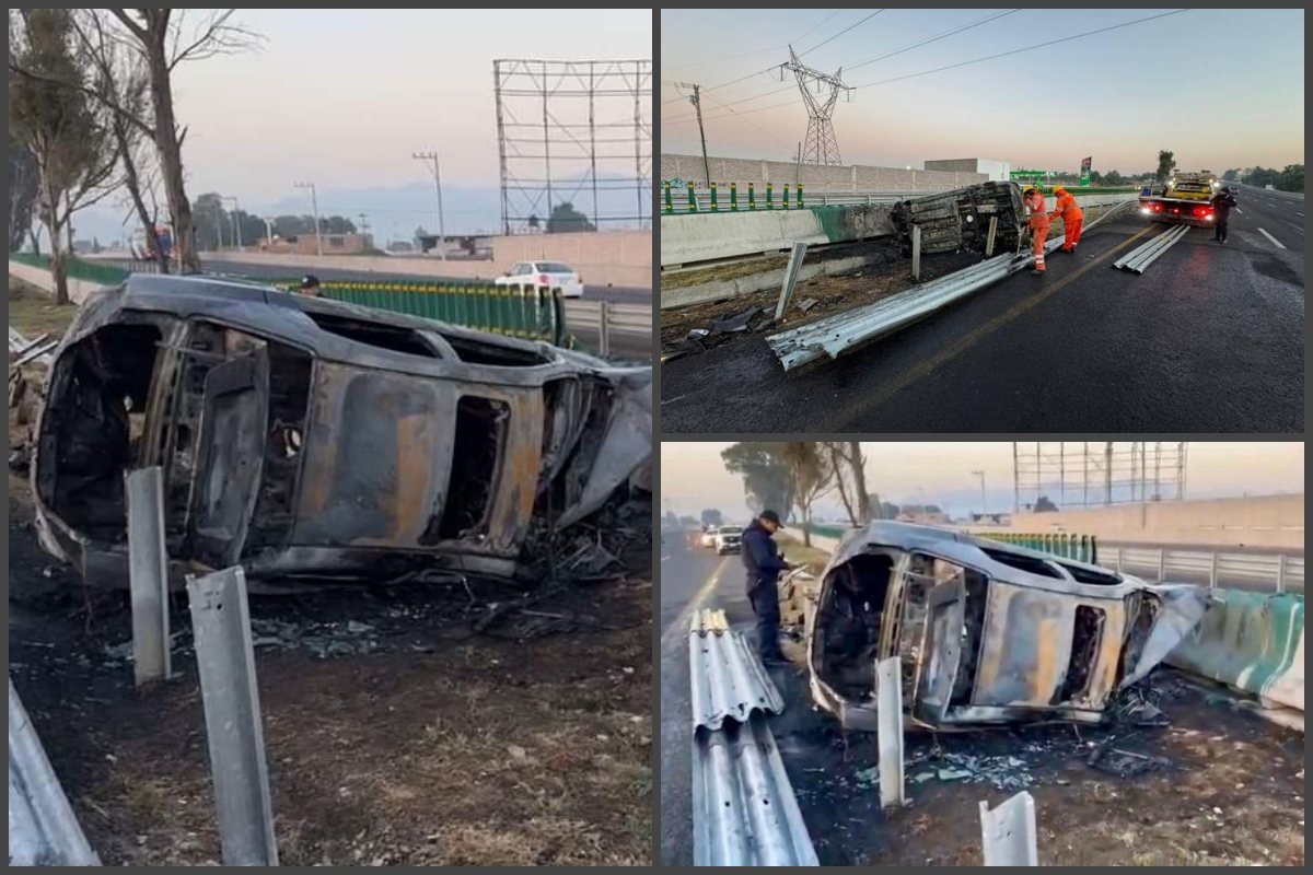 Auto vuelca y se incendia en la autopista México-Pachuca