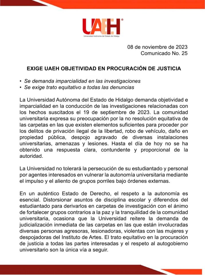 La UAEH acusa a la PGJEH de persecución y falta de objetividad en investigaciones