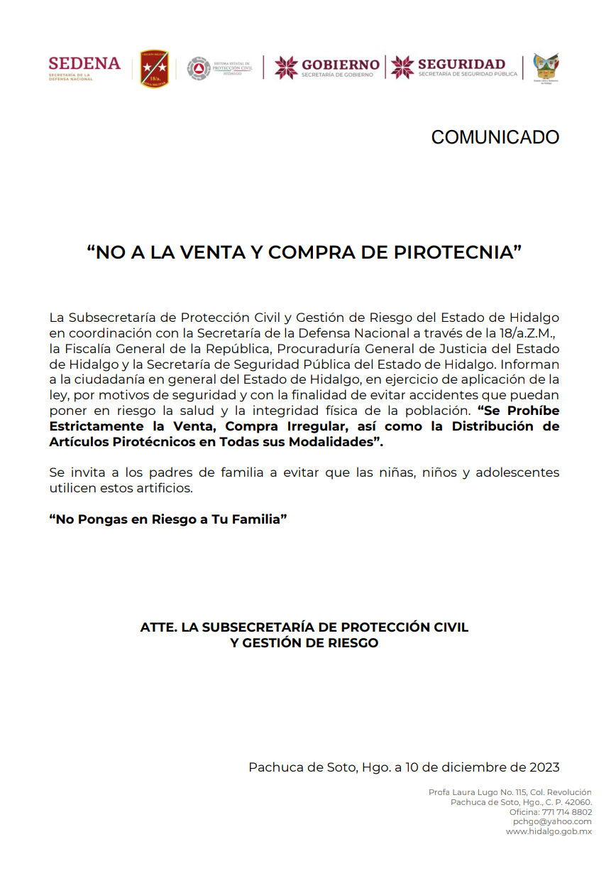 #Oficial: Prohiben compra, venta y distribución de pirotecnia en todo Hidalgo