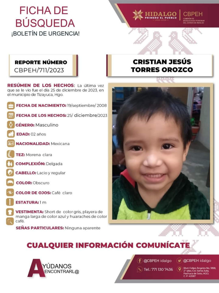 Pequeño de 2 años desapareció en Hidalgo el día de Navidad; piden ayuda para encontrarlo