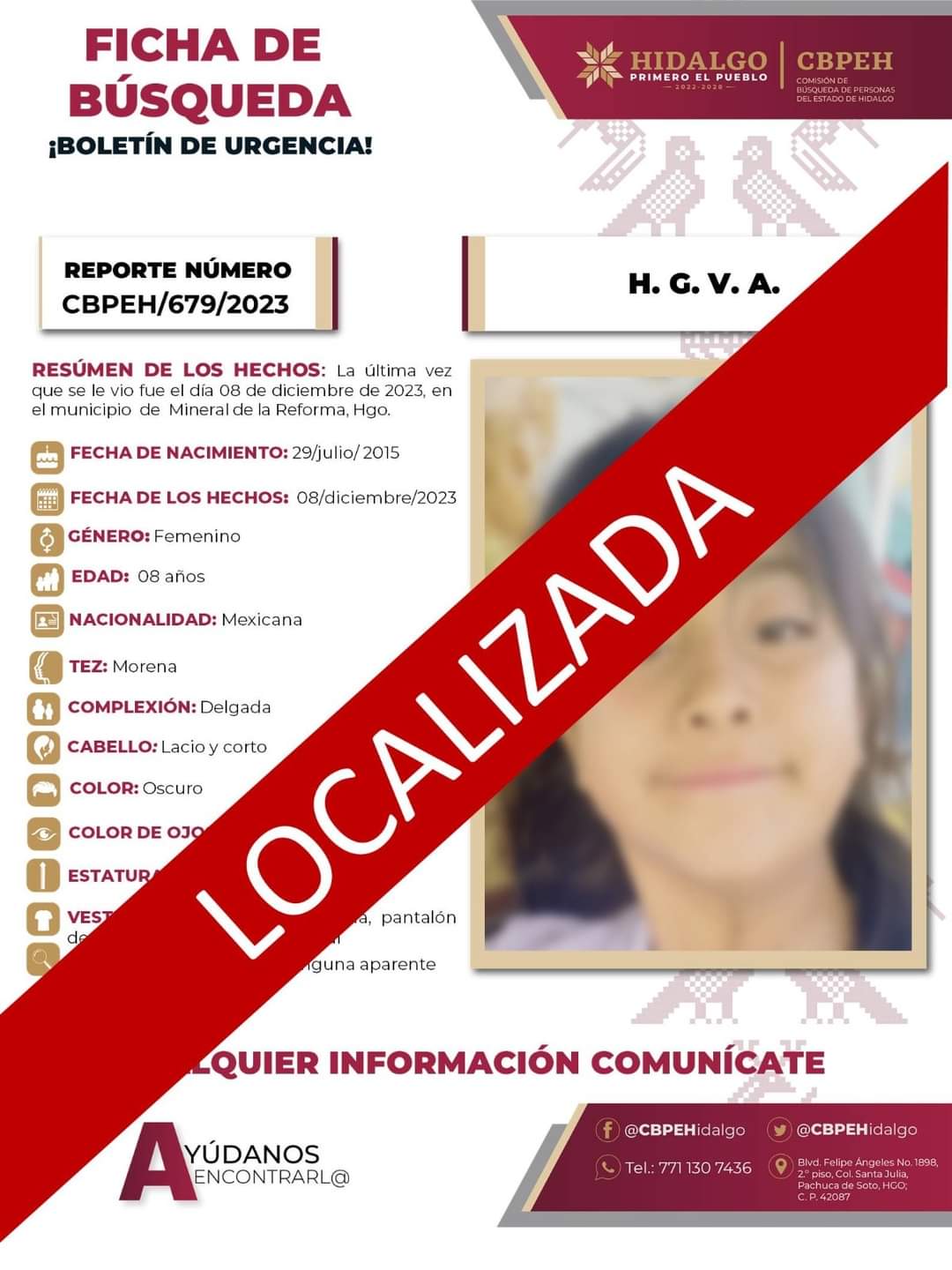 Tiene 8 años de edad, fue a la tienda y no regresó; desaparecida en Mineral de la Reforma