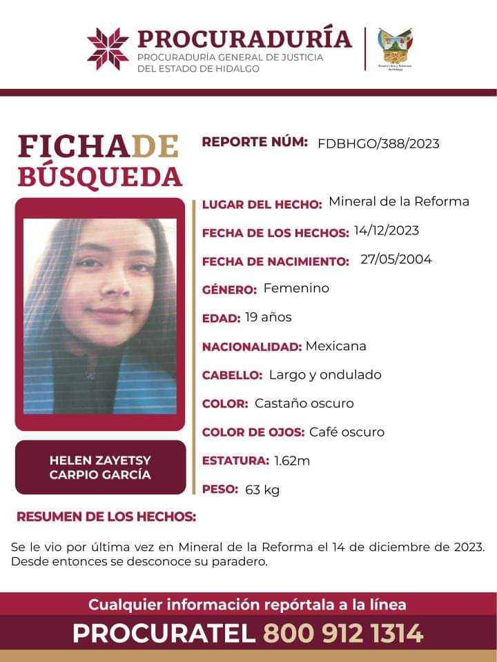 Emiten alerta de búsqueda en favor de Helen Zayetsy, joven desaparecida en Mineral de la Reforma