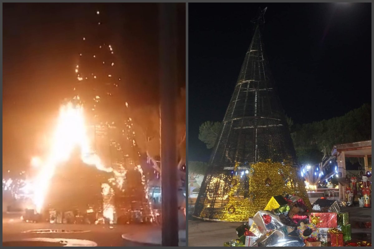 ¡No es broma! Se incendió un árbol navideño en plaza principal de Hidalgo | VIDEO