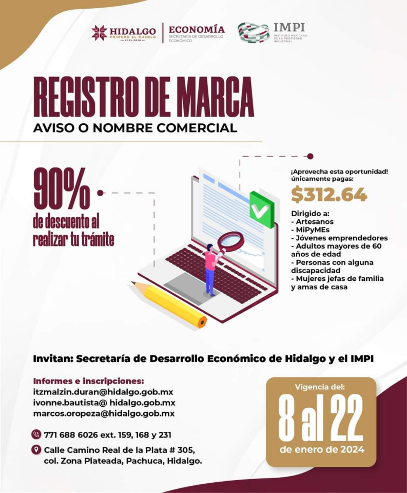 ¡Aprovecha! Anuncian 90 % de descuento en trámite de registro de marca en Hidalgo