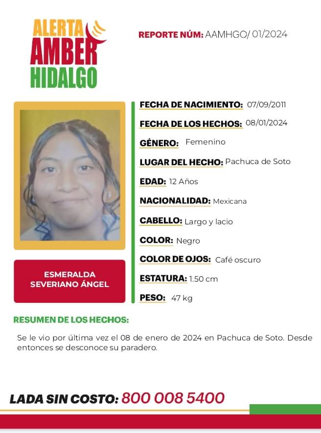 Alerta Amber: Esmeralda, de 12 años de edad, desapareció en Pachuca