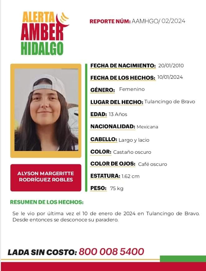 Activan Alerta Amber en Hidalgo por desaparición de la menor Alyson Margeritte