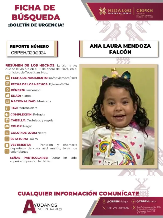 Activan alerta de búsqueda por la pequeña Ana Laura, desaparecida en Hidalgo