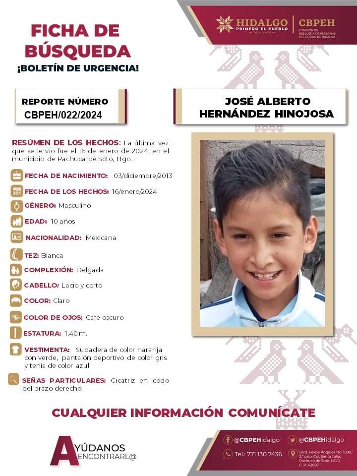 José Alberto tiene 10 años de edad y desapareció en Pachuca; piden ayuda para localizarlo