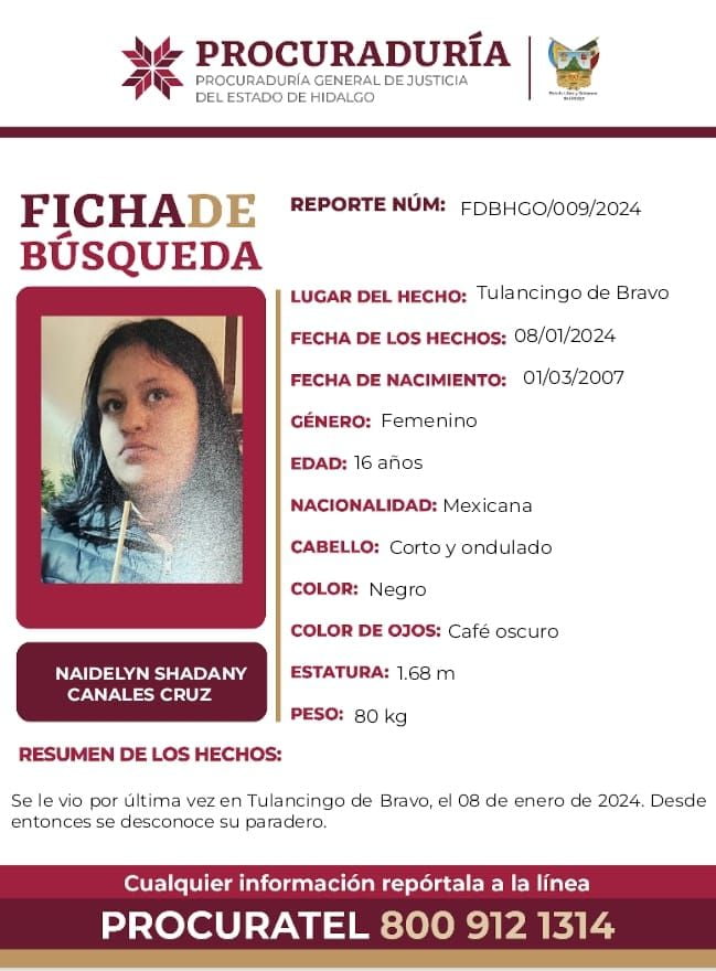 Piden ayuda para encontrar a la menor Naidelyn Shadany; lleva una semana desaparecida