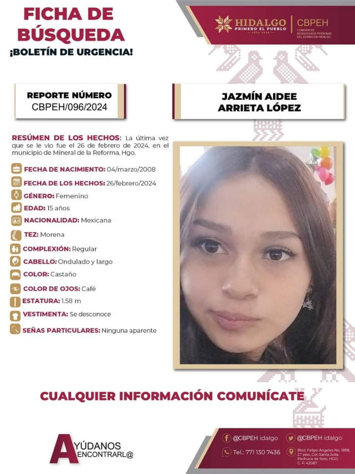 Emiten alerta de búsqueda por quinceañera desaparecida en Mineral de la Reforma