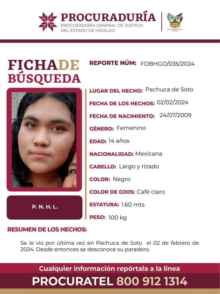 P. N. H. L., de 14 años de edad, desapareció en Pachuca; piden ayuda para encontrarla