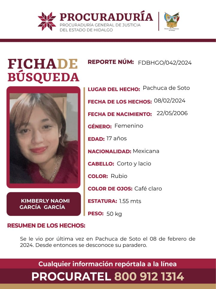 Kimberly Naomi desapareció en Pachuca; familiares y autoridades piden ayuda para encontrarla