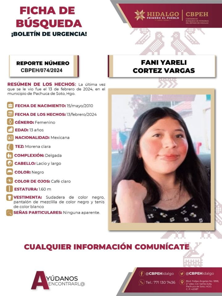 Activan alerta de búsqueda en favor de Fani Yareli, desaparecida en Pachuca