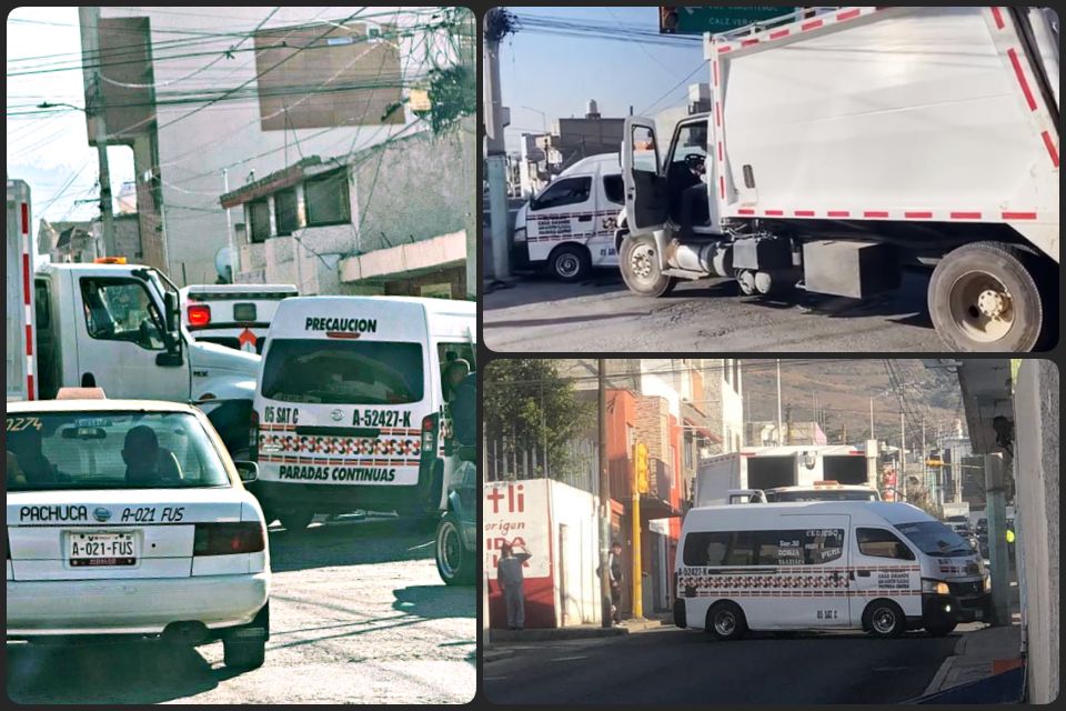 Falla en semáforos provoca choque entre camión de basura y urvan de transporte público en Pachuca