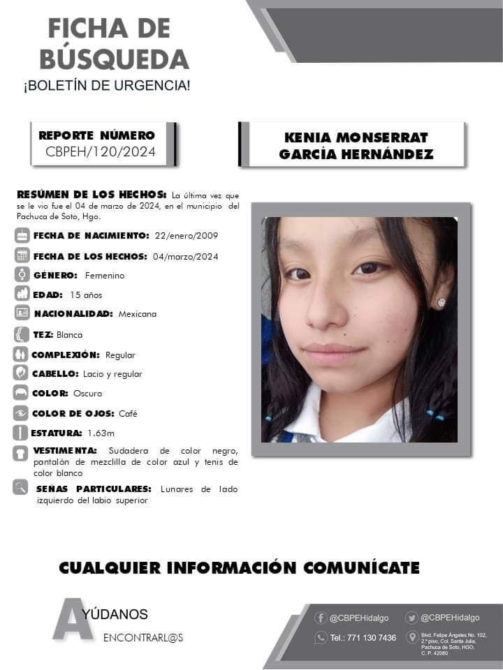 Piden ayuda para localizar a quinceañera desaparecida en Pachuca