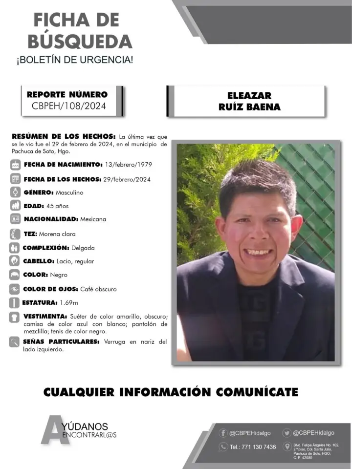 Activan búsqueda de Eleazar Ruiz; visto por última vez en Pachuca