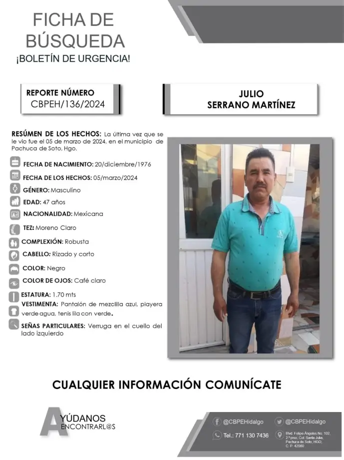 Activan alerta de búsqueda en favor de Julio Serrano, visto por última vez en Pachuca