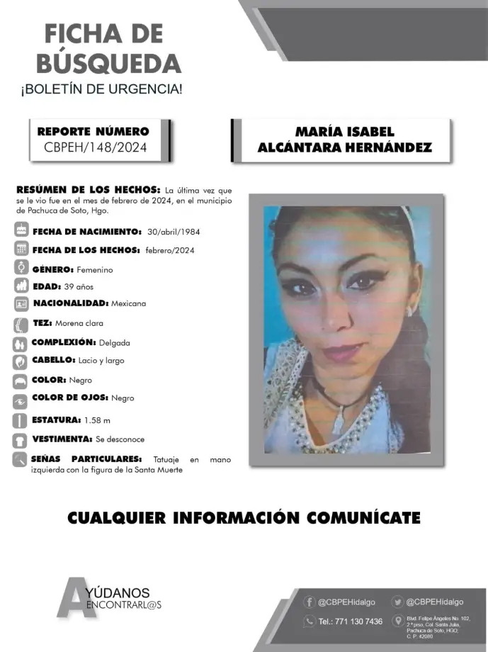 Activan alerta de búsqueda en favor de María Isabel, vista por última vez en Pachuca