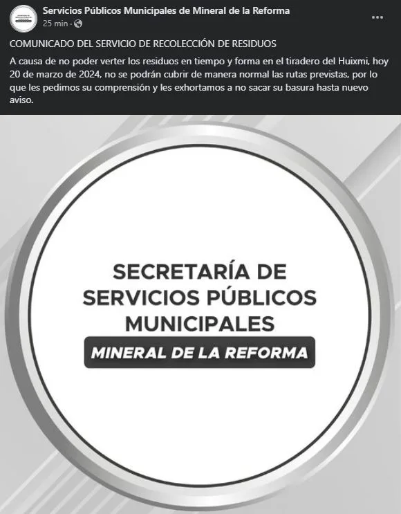 ¡Suspendido! Detienen recolección de basura en Mineral de la Reforma por tiempo indefinido