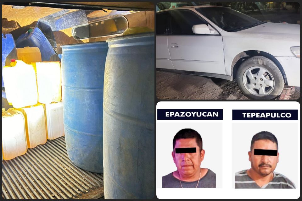 Informa la SSPH dos detenciones cerca de Pachuca; uno llevaba 24 contenedores con huachicol
