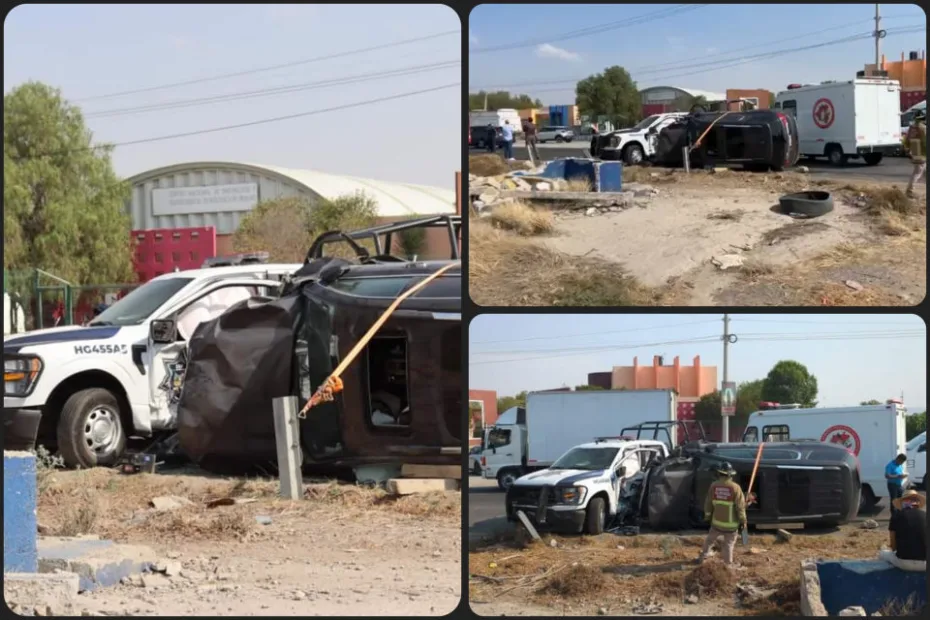 Impactan patrulla y camioneta en bulevar Las Torres de Pachuca