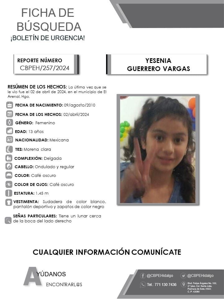 Yesenia desapareció en El Arenal; piden ayuda para encontrarla