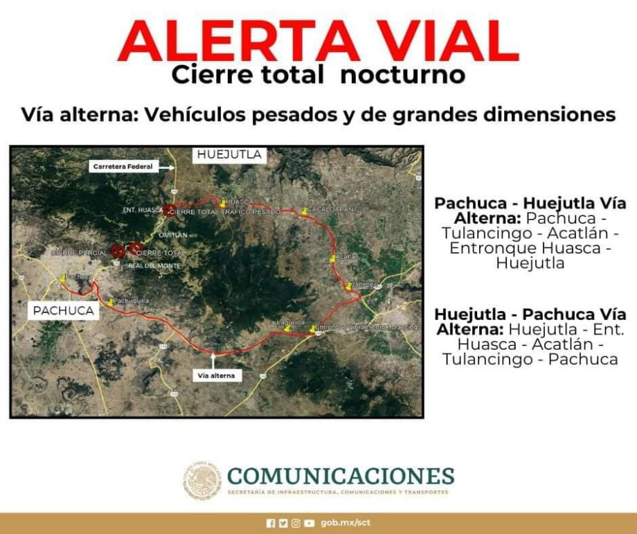 Anuncian cierres totales temporales para la Real del Monte - Huasca, serán del 13 al 18 de mayo