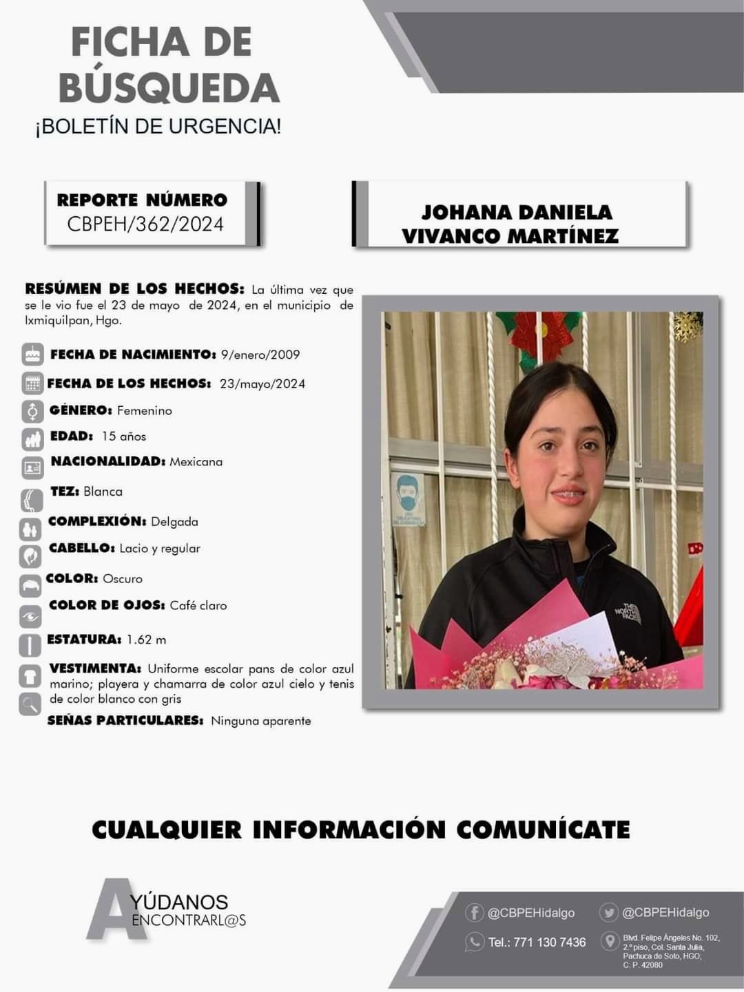 Solicitan apoyo para localizar a quinceañera desaparecida en Ixmiquilpan