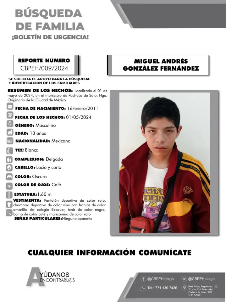 Piden ayuda para identificar a familiares de adolescente localizado en Pachuca