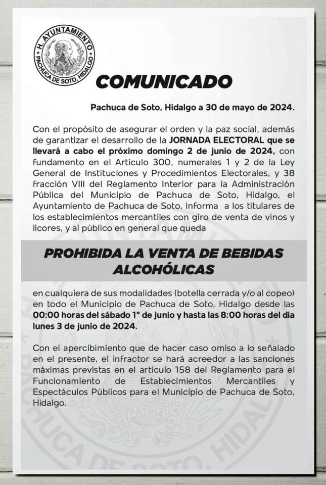 ¡Tómalo en cuenta! Ley Seca en Pachuca aplicará de sábado a lunes