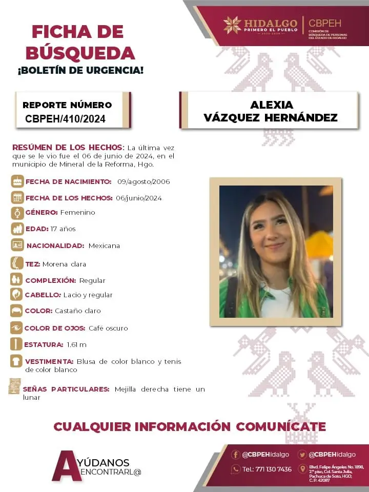 #AlertaDeBúsqueda: Alexia desapareció en Mineral de la Reforma; se solicita ayuda para localizarla