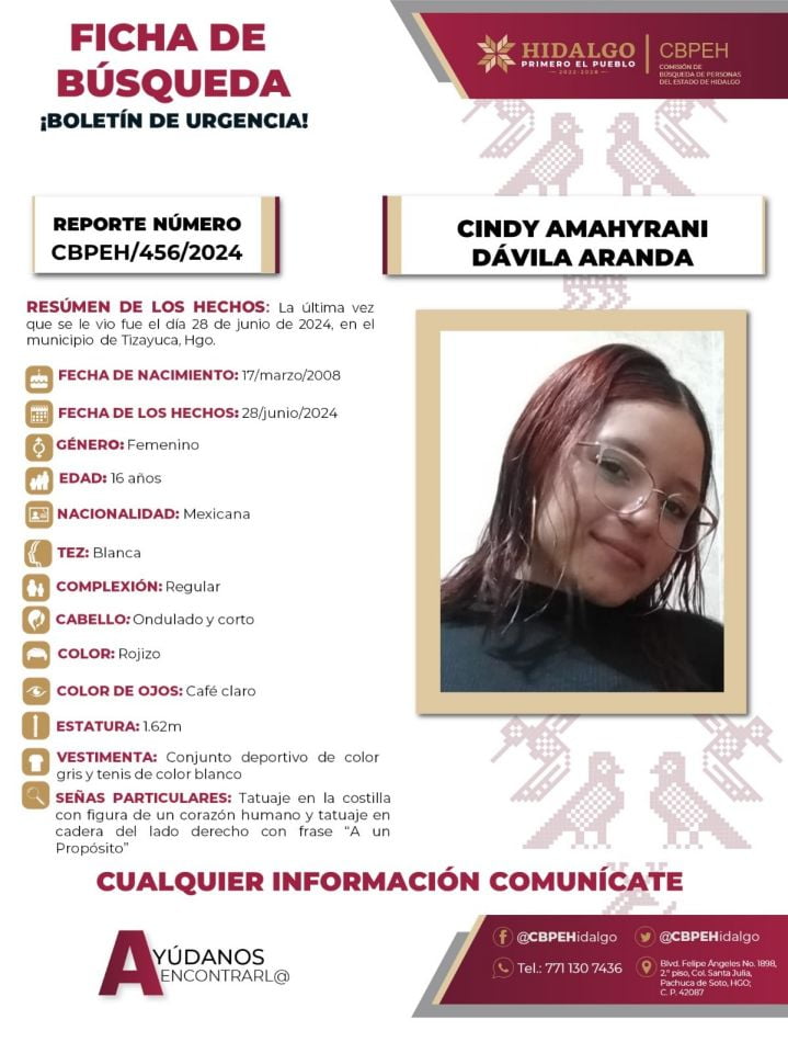 Piden ayuda para encontrar a Cindy, joven desaparecida en Tizayuca