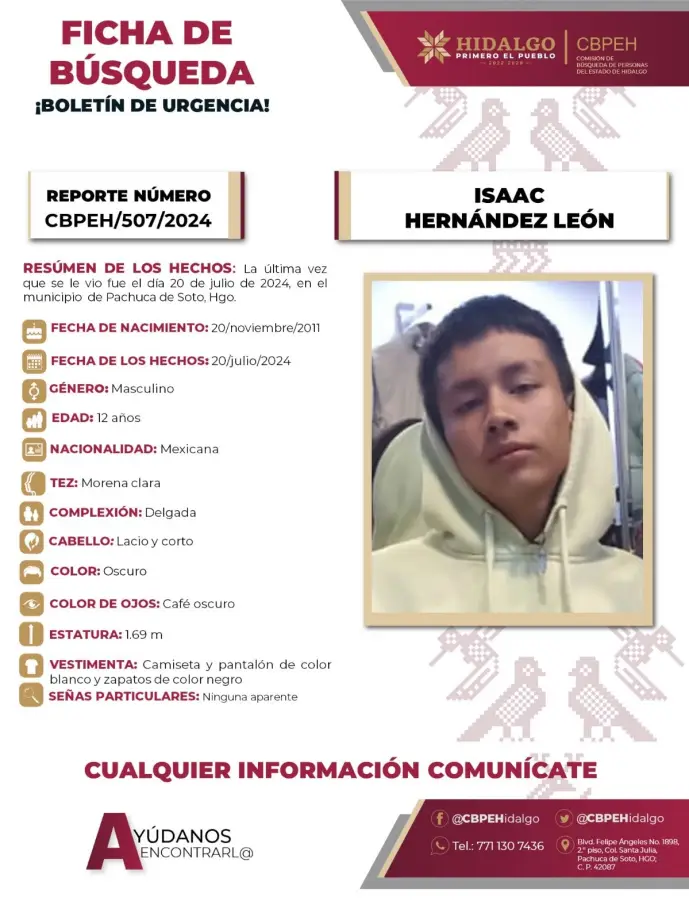 Isaac, de 12 años de edad, desapareció en Pachuca; piden ayuda para localizarlo