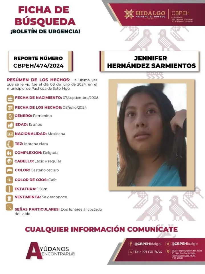 Jennifer, de 15 años de edad, desapareció en Pachuca; piden ayuda para localizarla