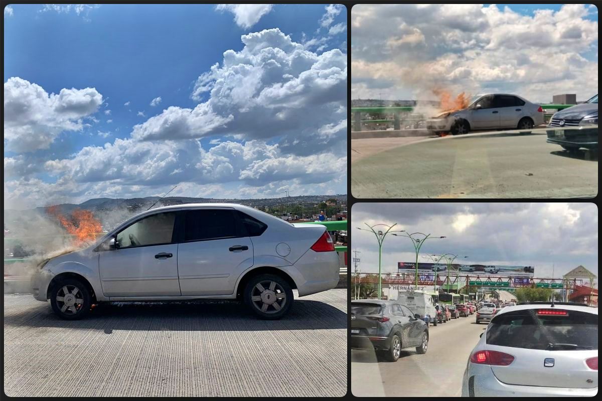 ¡Fuego! Arde automóvil en bulevar Felipe Ángeles de Pachuca; hay caos vial