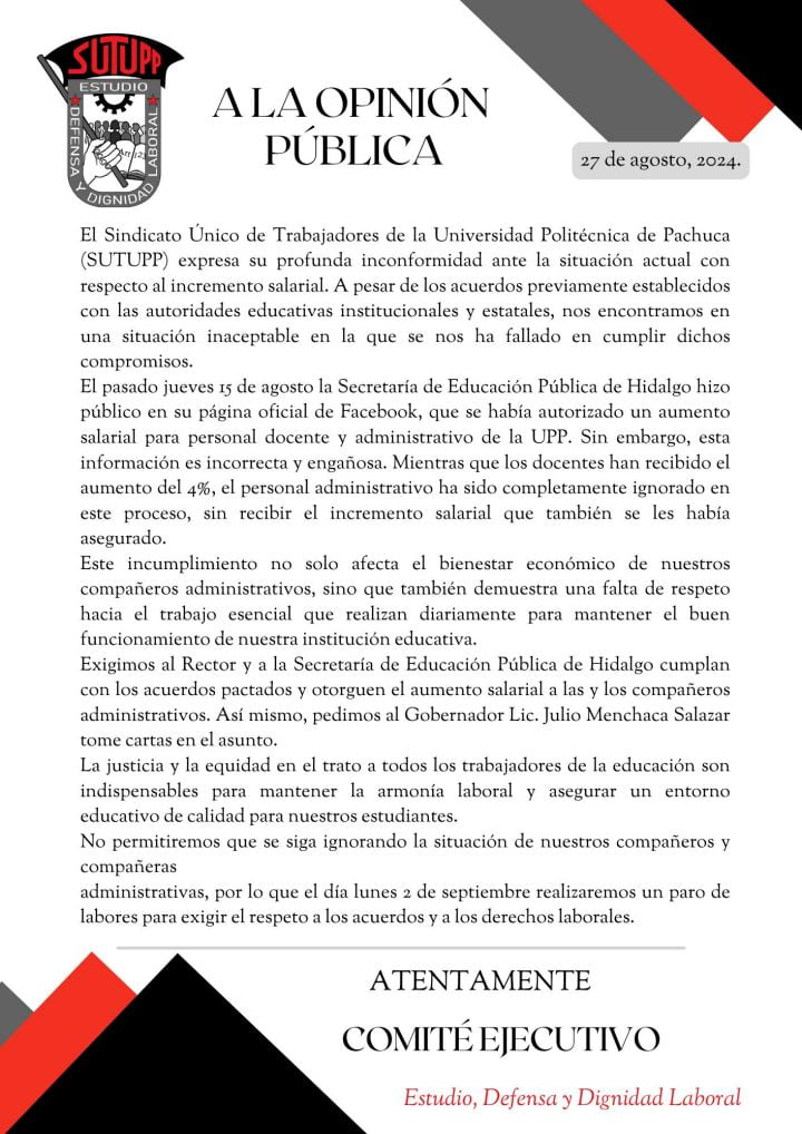 Trabajadores de esta universidad de Pachuca anuncian paro de labores por conflicto salarial