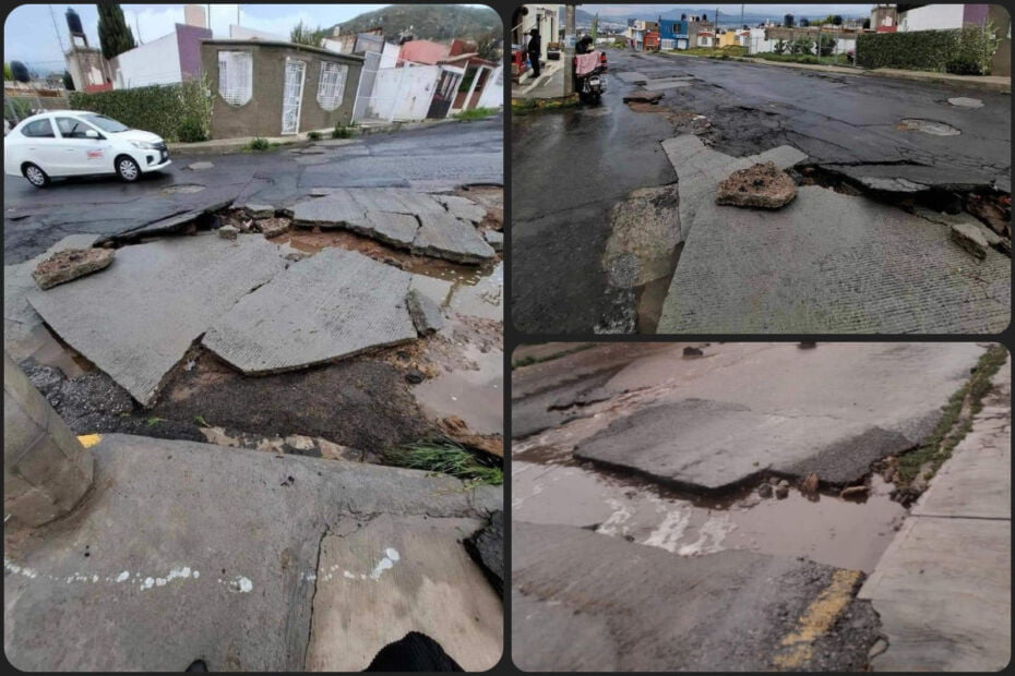 Calles de Mineral de la Reforma hechas pedazos por la intensa lluvia de este viernes