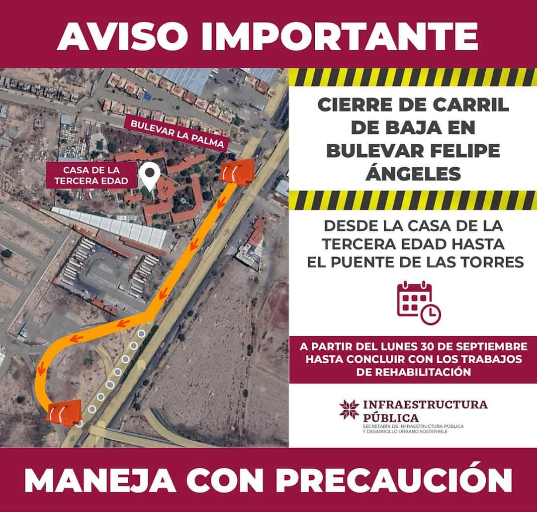 Cerrarán carril por obras de repavimentación a partir de este lunes en bulevar Felipe Ángeles