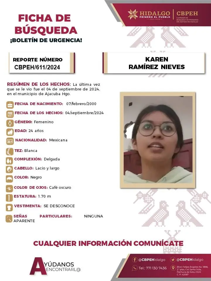 Piden ayuda para localizar a Karen, reportada como no localizada en Hidalgo