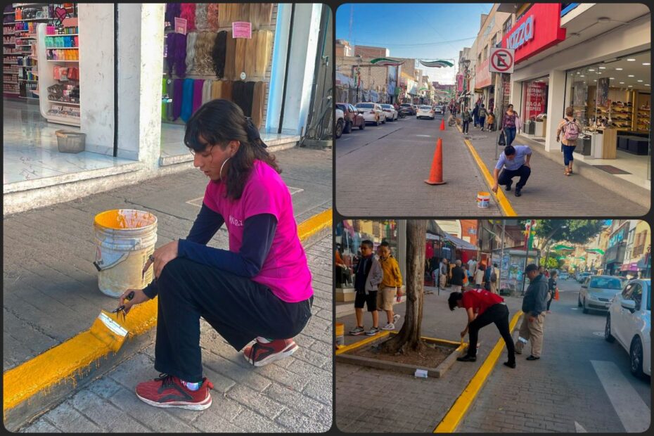 Tras retiro de ambulantaje, locatarios hacen su parte pintando banquetas en la calle más comercial de Pachuca