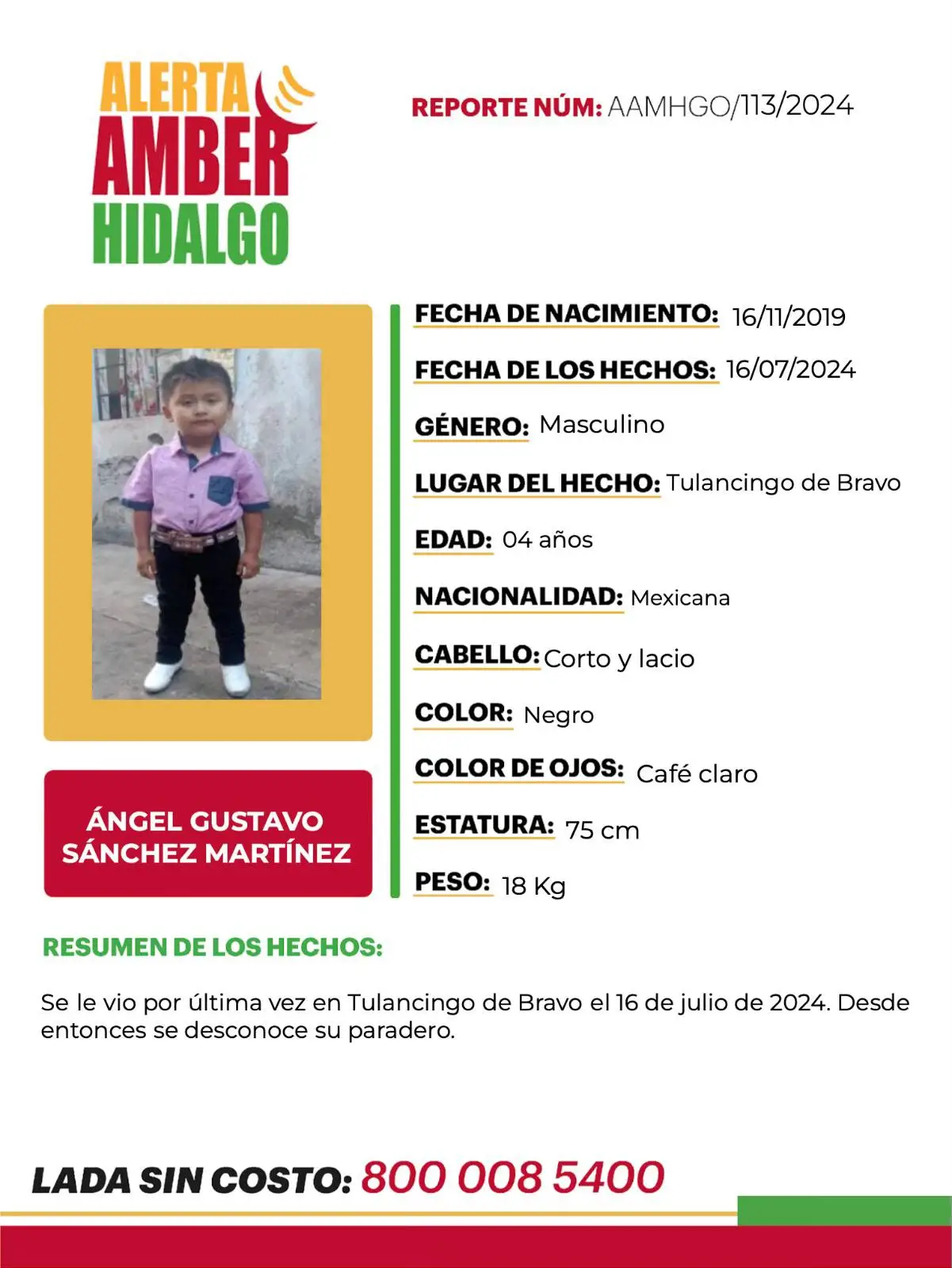 Alerta Amber Hidalgo: piden ayuda para localizar a Ángel Gustavo, de 4 años de edad