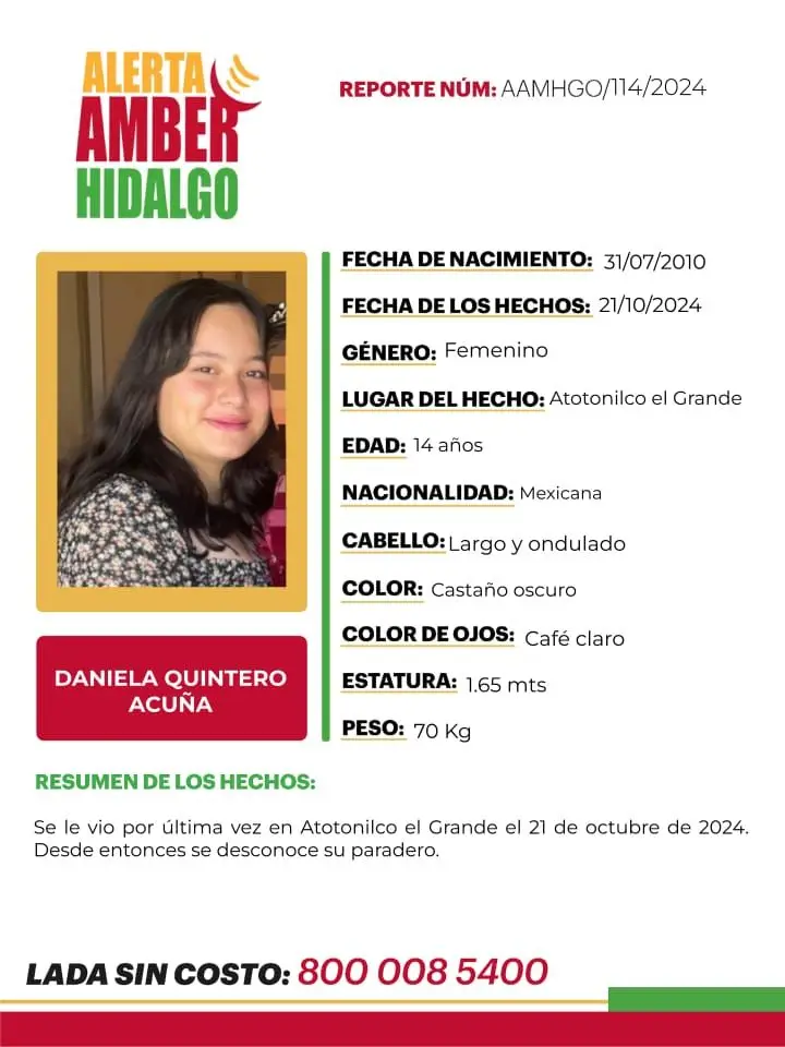 Alerta Amber Hidalgo: solicitan apoyo para encontrar a Daniela, de 14 años de edad