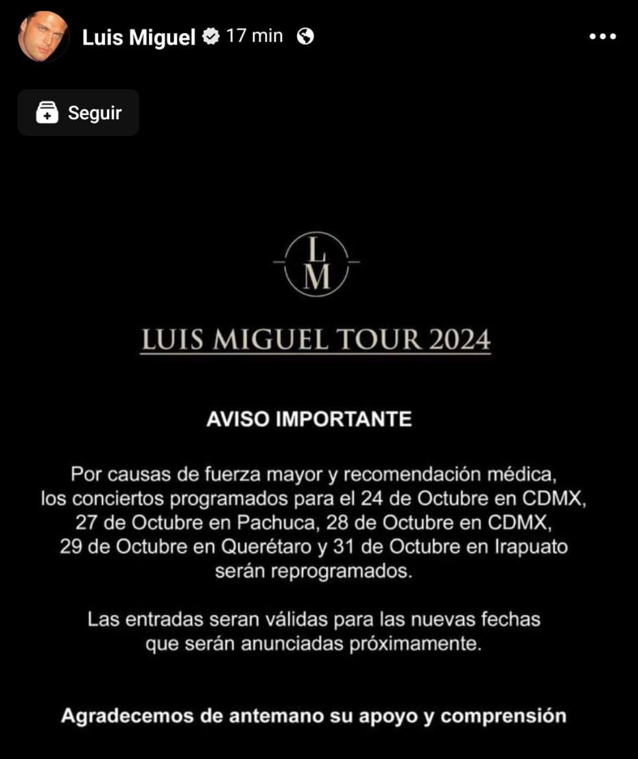 'Por causas de fuerza mayor': posponen cinco conciertos de Luis Miguel, incluido el de Pachuca