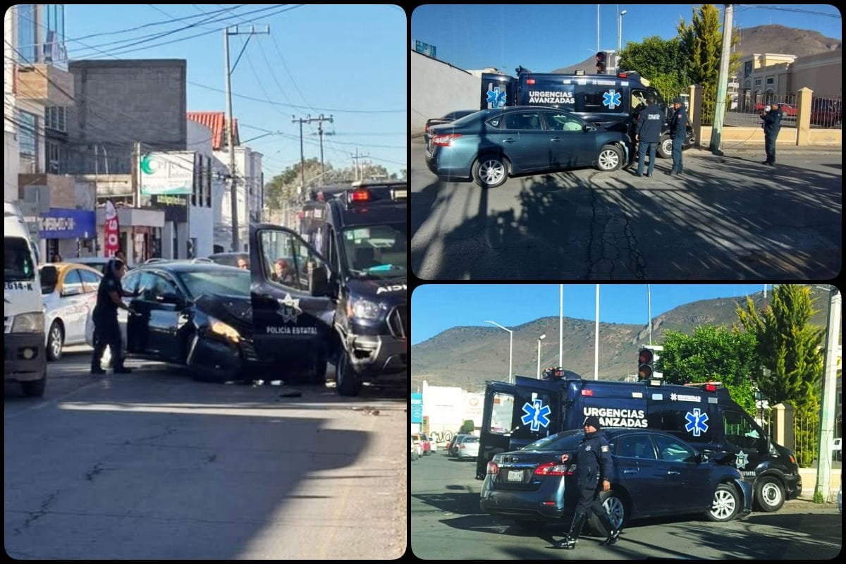 Impactan auto particular y unidad de urgencias de la Policía Estatal en el centro de Pachuca